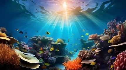 Wandaufkleber Underwater panoramic view of coral reef and tropical fish. © Iman