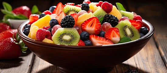 A bowl filled with fresh and tasty fruit salad is placed on a wooden table. The colorful fruits are arranged neatly and look inviting for a healthy snack or meal.