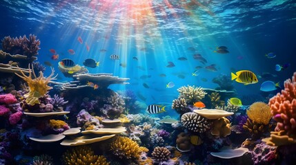 Fototapeta na wymiar Coral reef and fish in the Red Sea. Egypt. Panorama