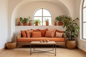 Mediterranean Color Palette Idea: Terracotta Sofa Against White Stucco Wall in Living Room