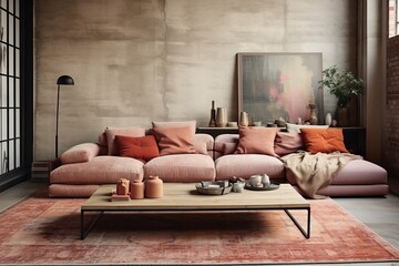 Mediterranean Color Palette Modern Loft: Terracotta Sofa, Wooden Coffee Table & Pastel Rug Ensemble
