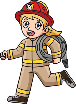 Firefighter Carrying a Water Hose Cartoon Clipart 