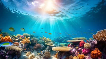 Fototapeta na wymiar Underwater panorama of coral reef with fishes and rays of sunlight