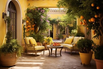 Sun-Kissed Sanctuary: Mediterranean Patio Inspiration with Pastel Yellow Walls, Lush Green Plants, and Natural Stone Accents