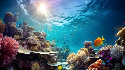 Naklejka na ściany i meble Coral reef and tropical fish. Underwater panoramic view.