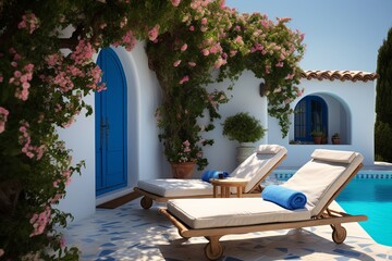 Fototapeta premium Mediterranean Color Palette - Sunny Patio Oasis: Azure Blue Pool, White Lounge Chairs, Lush Greenery