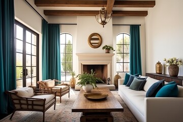 Fototapeta premium Mediterranean Vintage Villa: Teal Curtains, White Stucco Walls, Wood Beam Ceiling