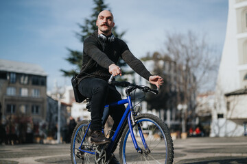 A man with a beard, wearing a sweater and headphones, rides a blue bicycle on a sunny city street,...