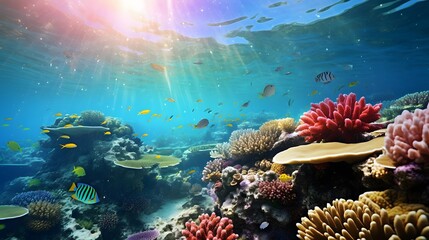 Coral reef and fish. Underwater panoramic view.