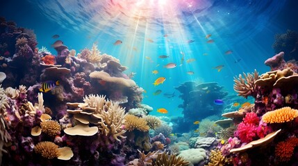 Underwater panoramic view of coral reef with tropical fish.
