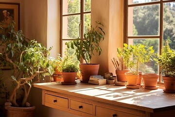 Fototapeta na wymiar Mediterranean Home Desk Inspirations: Terracotta Pots & Sunny Window Vibes