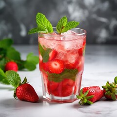 .Refreshing summer drink with strawberry,ice and mint leafs in glasses on marble background,side view, close up