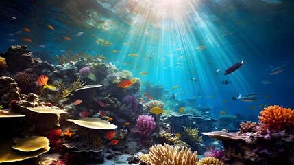 Underwater panorama of coral reef with fishes and rays of light