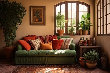 Mediterranean House: Earth-Toned Textiles and Rugs, Green Sofa, Terracotta Vase Vision.
