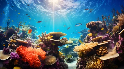 Fototapeten Underwater panoramic view of coral reef and tropical fish. © Iman