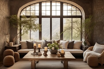 Obraz premium Serene Mediterranean Bamboo and Stone Lounge with Rustic Charm and Arched Windows