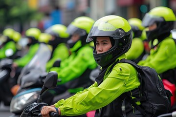  an Indonesian women working as online motorcycle taxi driver in green color safety driving clothing - obrazy, fototapety, plakaty
