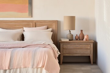 Fototapeta na wymiar Mediterranean Pastel Bedroom: Rustic Nightstand & Minimalist Decor