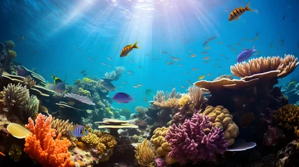 Fototapete Rund Underwater panorama of coral reef with fishes and corals. © Iman