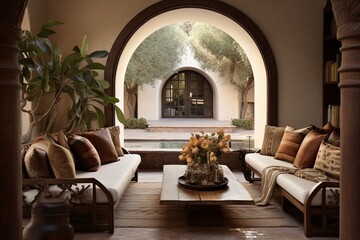 Mediterranean Villa Scene: Metal and Leather Seating Amid Arch Doorways and Earth-Toned Textiles