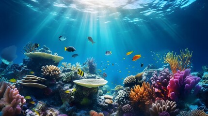 Coral reef and fish. Underwater panorama of the underwater world.