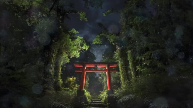 Beautiful shrine in forest at night - AI