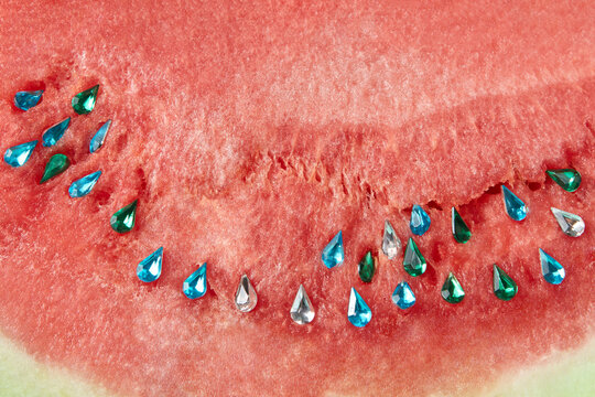 Closeup of watermelon with shiny gemstones
