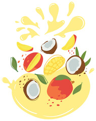 Ripe mango fruits and coconut with splashes of juice. Vector illustration of organic fruit juice. Eco label concept for natural mango and coconut flavor. Design of vape, juice, smoothie.