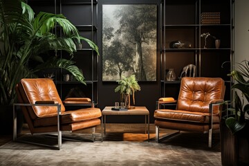 Obraz premium Retro Charm: Metal and Leather Seating in Mid-Century Inspired Room