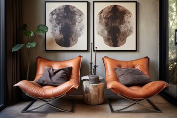 Metal and Leather Seating Oasis: Nordic Textiles, Art Poster, and Cozy Atmosphere Design in Room
