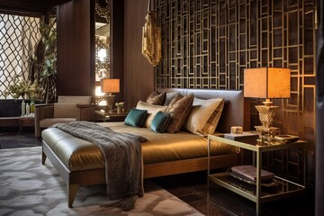 Mid-Century Den: Luxurious Velvet Bedding, Metal & Leather Seating, Intricate Tilework Designs - obrazy, fototapety, plakaty