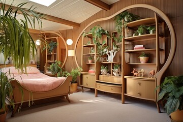 Enchanting Mid-Century Home Interior: Wood Shelving and Fairy-Tale Canopy Beds - obrazy, fototapety, plakaty