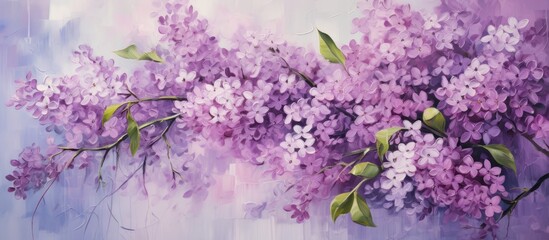 A painting capturing the beauty of blooming purple flowers set against a purple background. The intricate details of the lilac branches and delicate petals are highlighted in this vibrant artwork.