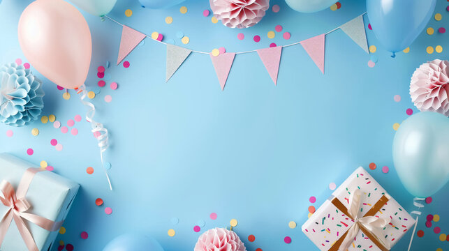 Celebratory party background with bunting flags, balloons, confetti, and a gift Box for birthdays or special occasion.