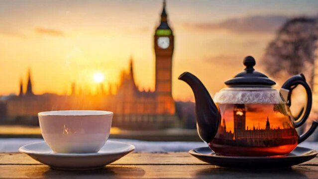 Warm cup of tea on the table at sunset with view of Big Ben. seamless 4K time-lapse animation background
