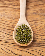 Moyashi beans in a spoon over wooden table