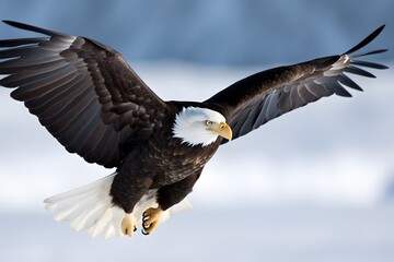Obraz premium Majestic bald eagle soaring through the sky. Generative AI