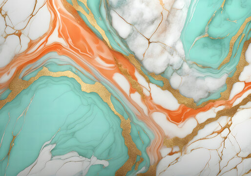 High-end elegance: Gold splashes on green and salmon luxury background with marble texture