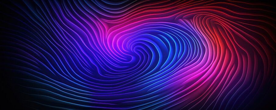Colorful abstract neon fingerprint on black background. Swirling lines design. Glowing ID wallpaper