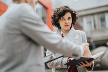 Two professional business partners engaging in discussion over documents outdoors, showcasing teamwork and collaboration.