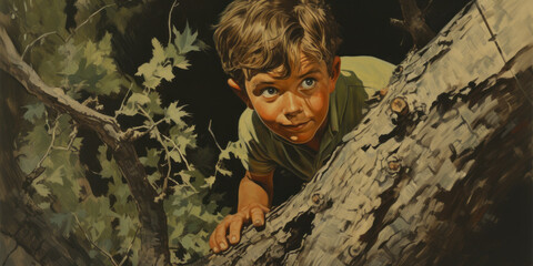 painting of a boy is climbing tree in forest, generative AI