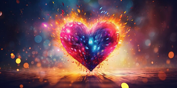 Artistic of a vibrant exploding heart against a soft, bokeh-lighted background