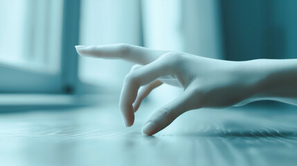 A hand is pointing to something on a table