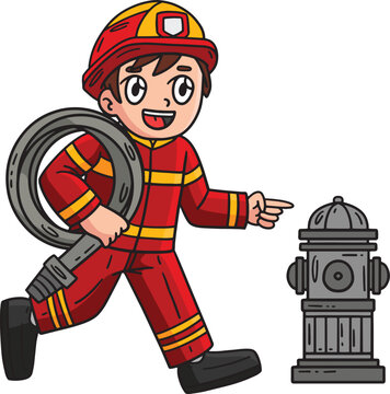 Firefighter and Fire Hydrant Cartoon Clipart 