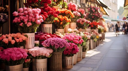 Flower market in Paris, France. Blurred floral background.