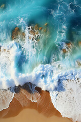 Ocean's Embrace: Aerial View of Waves Crashing on Shore.
Captivating aerial shot of turquoise waves meeting the sandy beach, perfect for travel, nature themes, and inspirational backdrops for design a