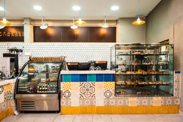 Interior design of counter and cash register at cafe