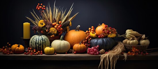 A dark table is covered with a variety of pumpkins, showcasing different shapes, sizes, and colors. The pumpkins create a festive autumn display perfect for Thanksgiving celebrations.