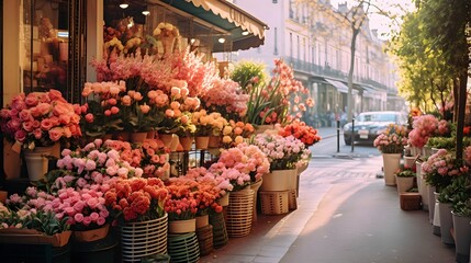 Flower shop in Paris, France. Panoramic image.