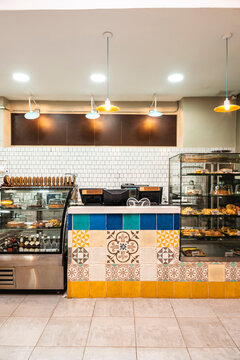 Interior design of counter and cash register at cafe